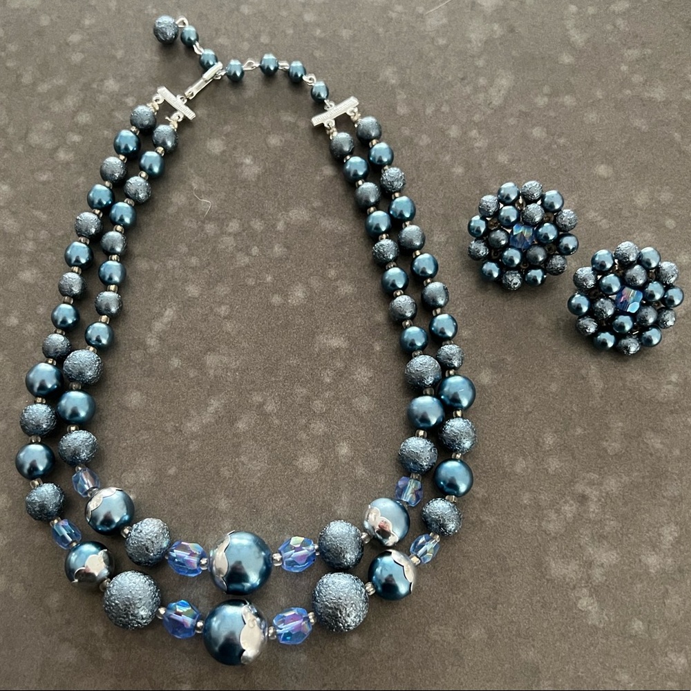 Vintage Silver and Blue Bead Necklace and Earring Set